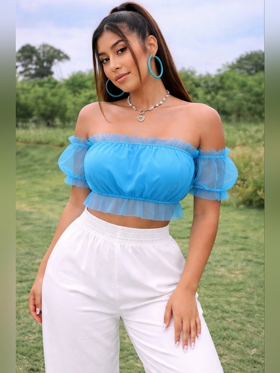 n/a Tops - Blue Off Shoulder Mesh Frill Crop Top | Sheer Ruffle Sleeve Summer Party Top